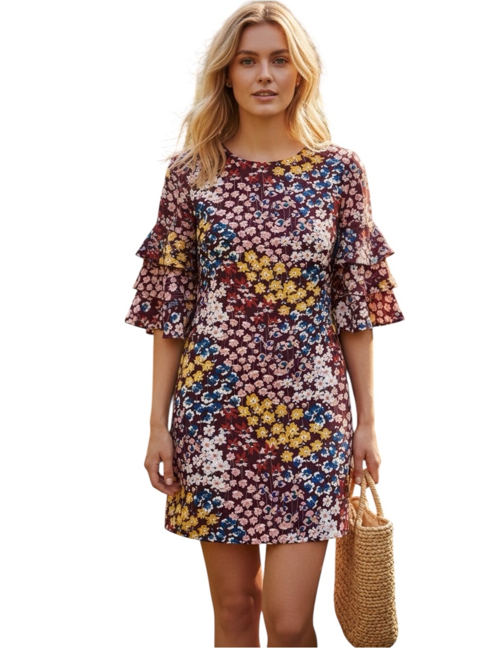 Uncle Frank Floral Flutter-Sleeve Shift Dress, Multi-Color,‎ Size Medium